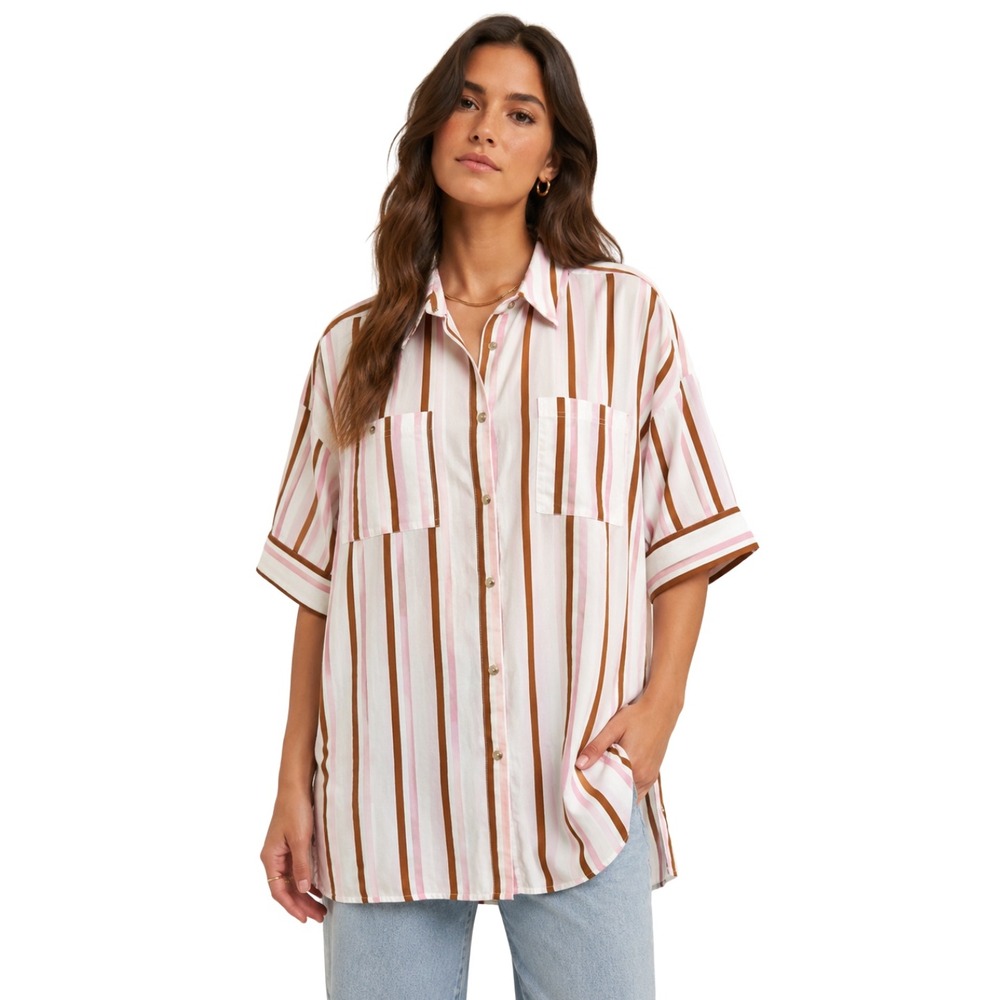 Anthropologie Top Small Striped Button Down Oversized Cotton Pink Tan White